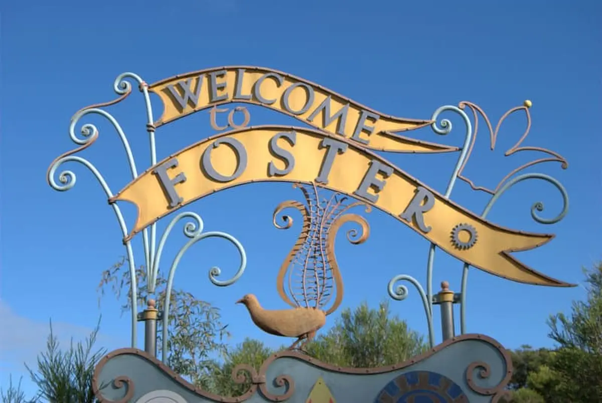 The ornate welcome sign at Foster